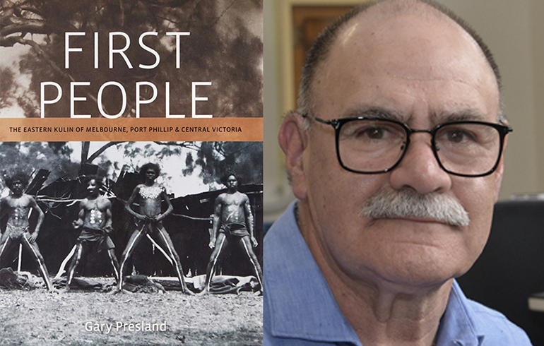 photo of author Dr Gary Presland and the cover of his book First People
