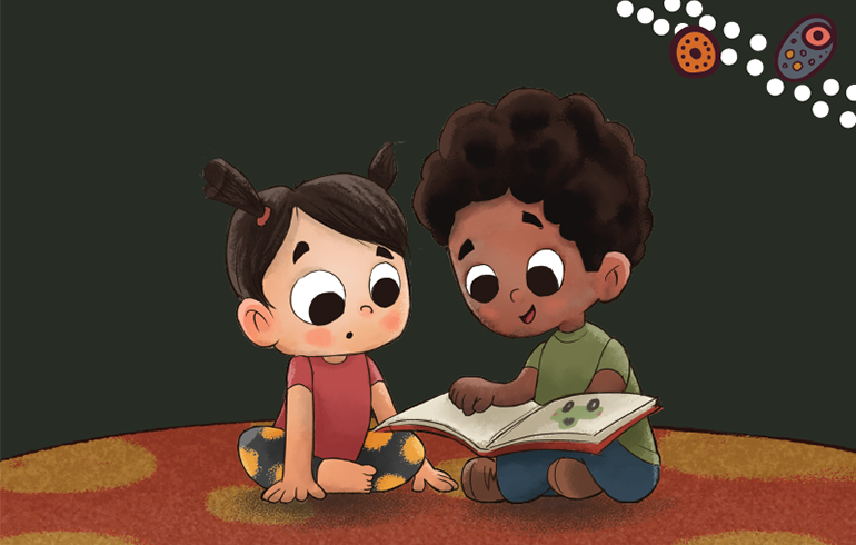 illustration of two children sitting, reading a book with some aboriginal art in the background