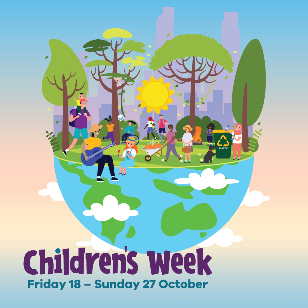 an illustration of people doing different activities at a park with a world globe underneath and the text children's week friday 18 to 27 october 