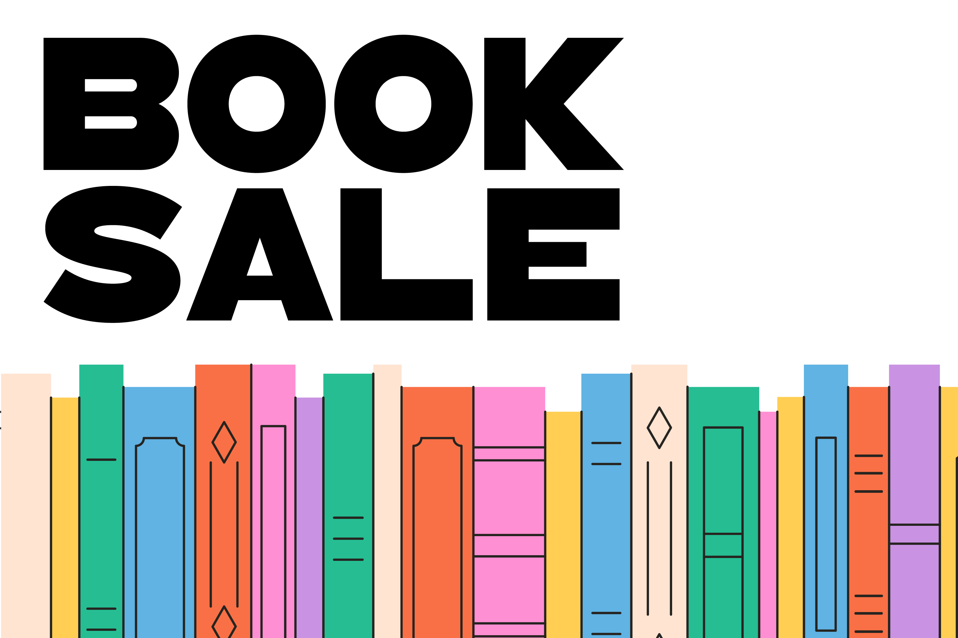 Clayton book sale flyer with the words book sale above an illustration of colourful book spines