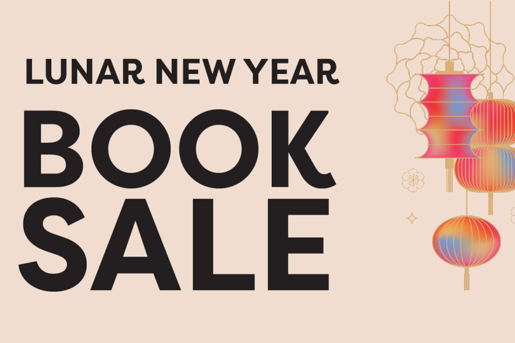 Lunar new year book sale flyer with an ilustration of chinese lanterns on the right hand side