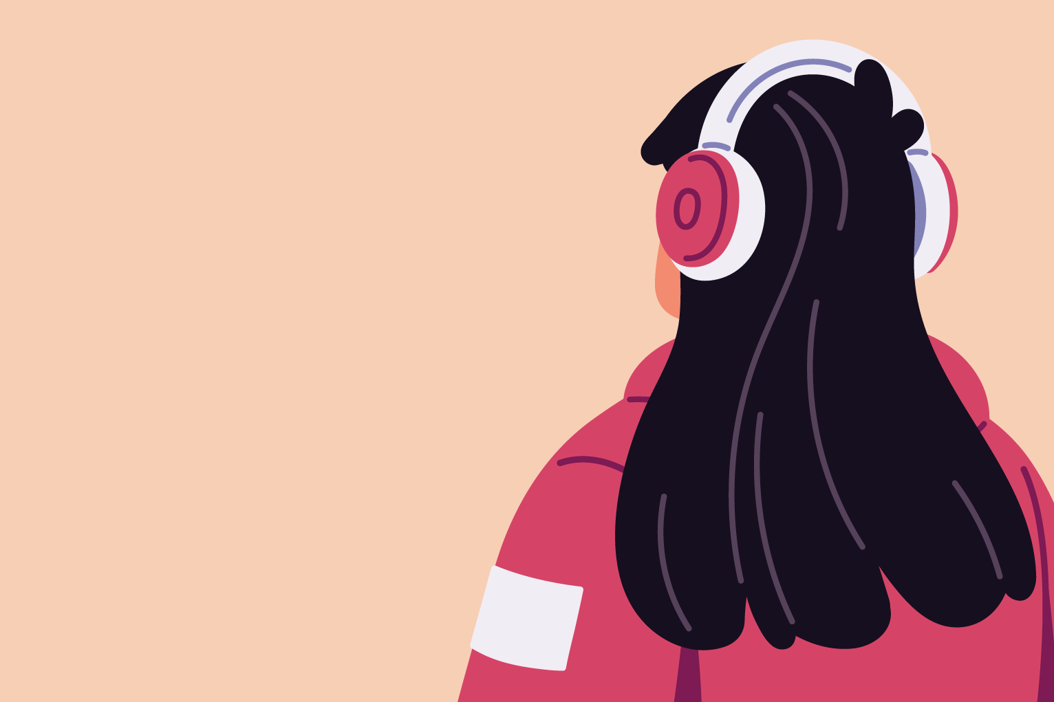 an illustration of a girl with long black hair facing backwards with noise cancelling headphones on