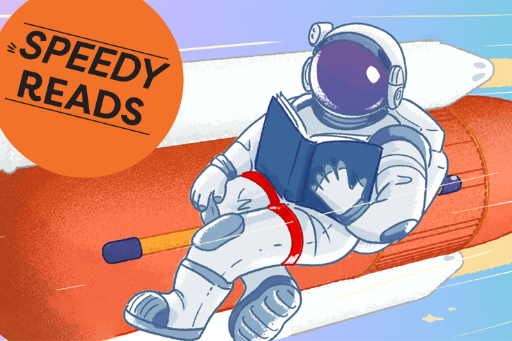 illustration of an astronaut sitting on a rocket, reading a book with the Speedy Reads as the title