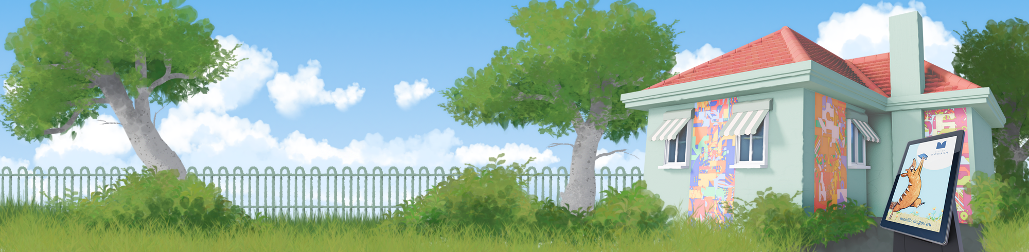 illustration of the Power Neighbourhood House against a background of the sky and some trees