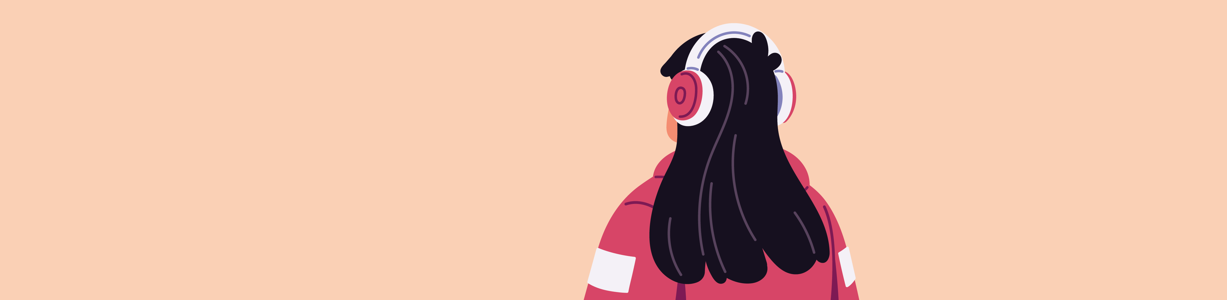 an illustration of a girl with long, black hair facing backwards with noise cancelling headphones on 