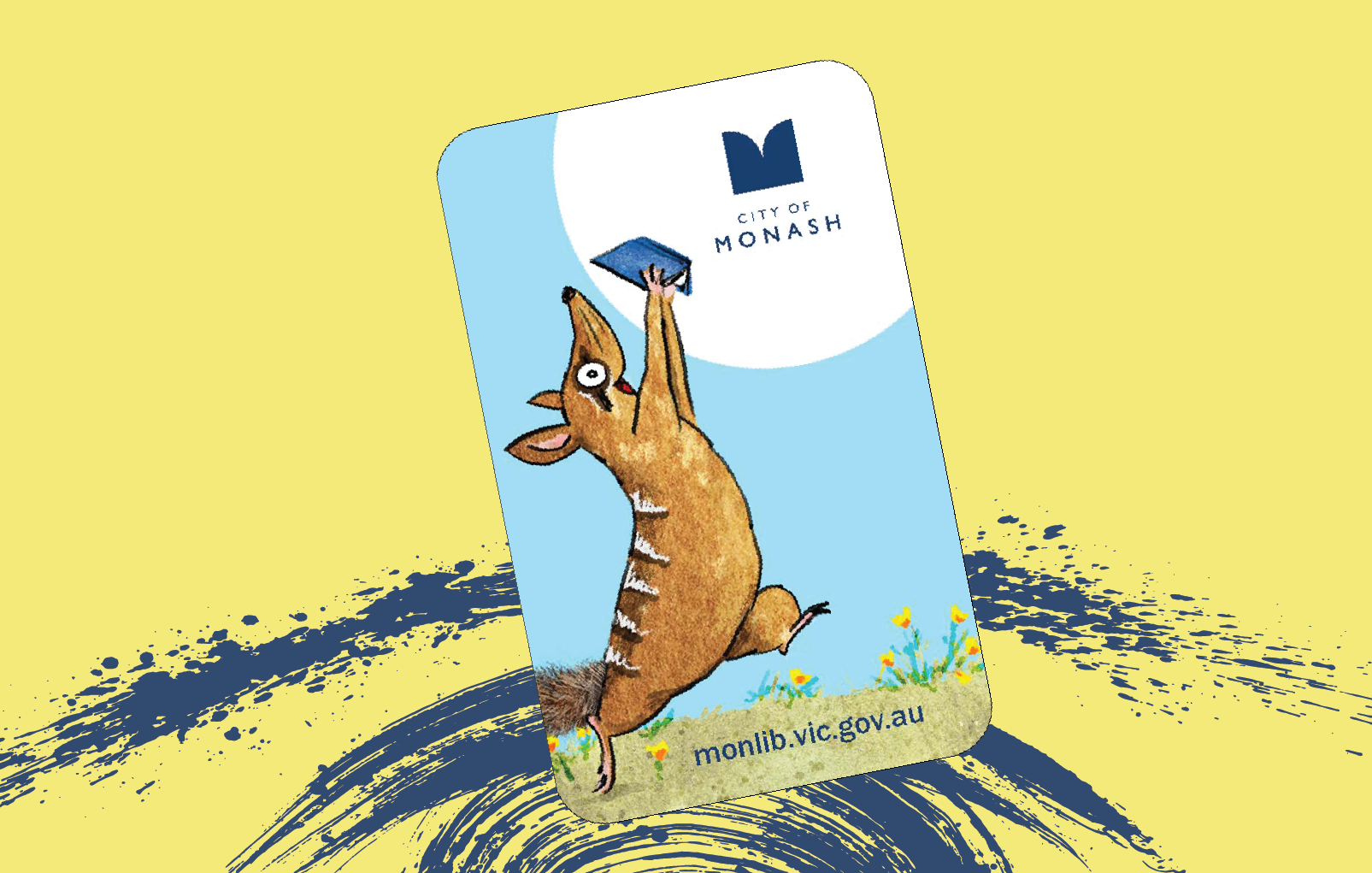 illustration of a monash public library service card (the numbat holding a book)